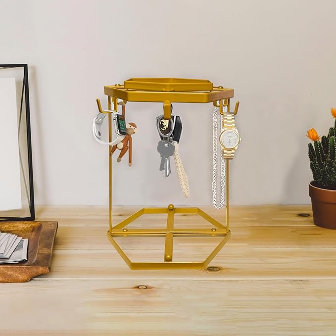Coffee Mug Holder Countertop,Muted Golden Yellow Metal Coffee Cup Holders for Counter,Warm Dark Gold Mug Stand Rack for Counter Top 6 Hooks(Hexagon,Muted Gold)