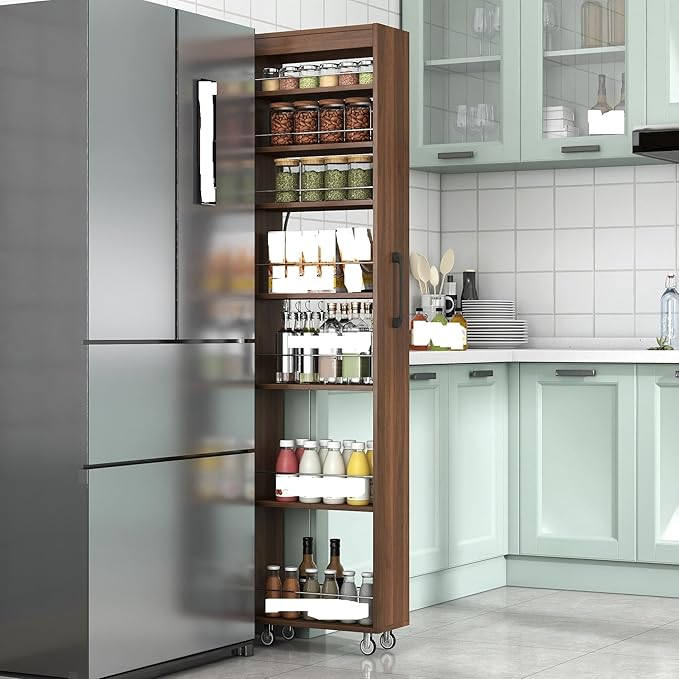 7-Tier Slim Pull-Out Storage Cart with Wheels – Multi-Functional Mobile Organizer, 7 Open Shelves + Top, Adjustable Height, Protection Bars, Perfect for Kitchen, Living Room & Narrow Spaces (Walnut)