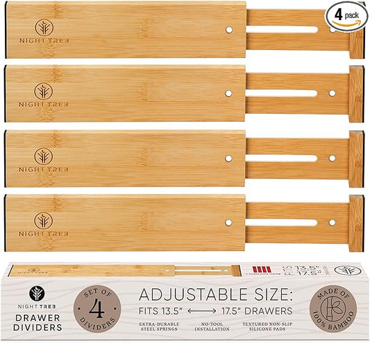 Night Tree Expandable Bamboo Drawer Dividers – Spring-Loaded Wooden Organizers for Clothes, Kitchen Utensils, Bathroom, and Dresser Drawers (13.5" to 17.5")