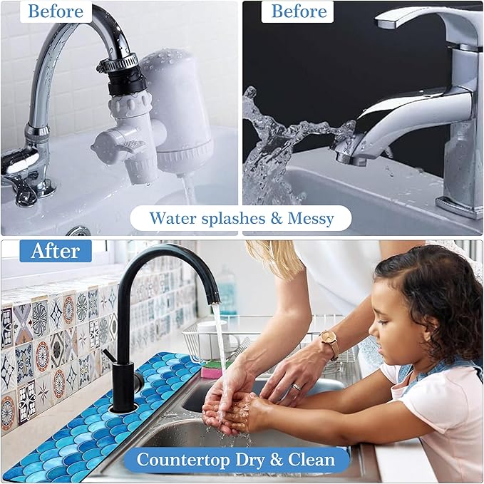 Mermaid Fish Scale Wave Faucet Mat Splash Guard Scale Texture, Soft Diatom Mud Material, Strong Water Absorption, Non-slip,Easy to Clean for Bathroom, Kitchen 23.5"X5.5"
