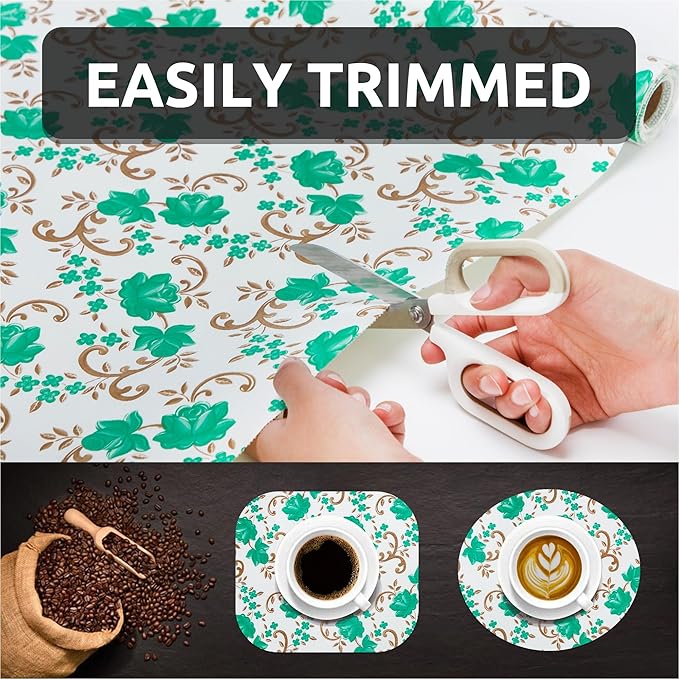 18X96 Inch Shelf Liner for Kitchen Cabinets, PVC Drawer Liner for Dresser Non-Slip Bathroom, Non-Adhesive Cabinet Liner Washable (Green Floral)(3 Roll)