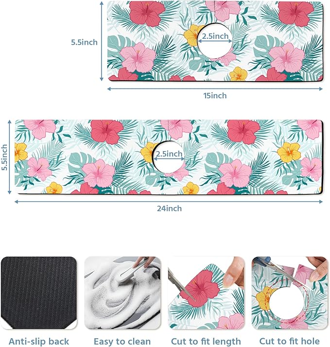 Patterned Sink Faucet Mat Kitchen Splash Guard Super Absorbent Drying Mat, Non-Slip Drain Pad for Kitchen Counter or Bathroom-15x5.5in