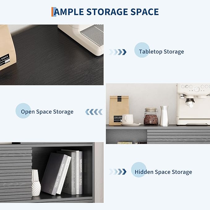 IDEALHOUSE Fluted Cabinet with Sliding Doors, Modern Wooden Storage Cabinet with Metal Base, 31 Inch Sideboard Cabinet with Storage for Dining Room,Living Room, Entryway