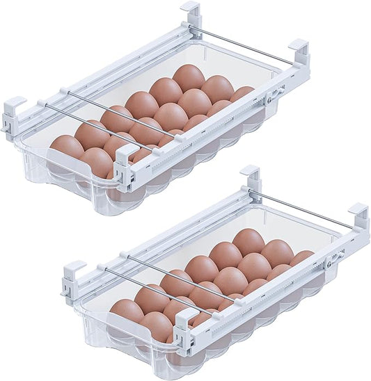 TidyFriend 2 Pack Refrigerator Egg Drawer 14"x7.5"x3.95" – Snap-On Egg Holder with Pull-Out Drawer, Holds 18 Eggs, Fits Flat Fridge Shelves 14.1–16.3 in Long and 0.93–1.32 in Thick