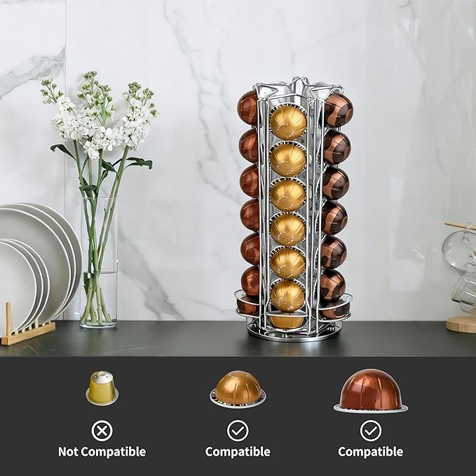 35 Coffee Pods Holder - Silver - 360° Spinning Coffee Pod Carousel Stand | Holds 35 Capsules | Compact Countertop Organizer with Silent Rotation, Durable & Modern