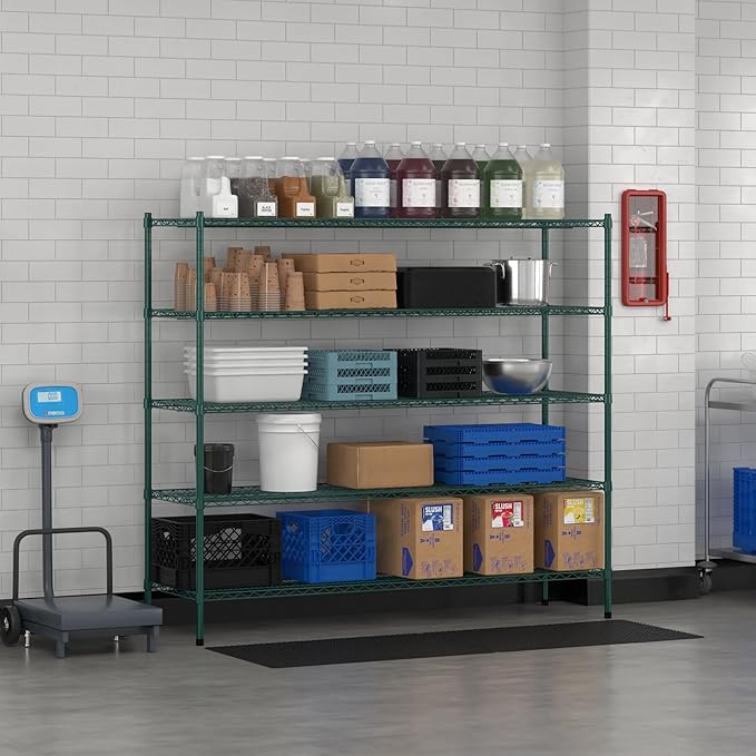 Commercial NSF Listed Green Epoxy Stationary Wire Shelving Kit 21" x 72" x 64", with 5 Shelves Perfect for Warehouse, Walk-in Refrigerator, Freezer, Grocery Store, Restaurant, Dishroom