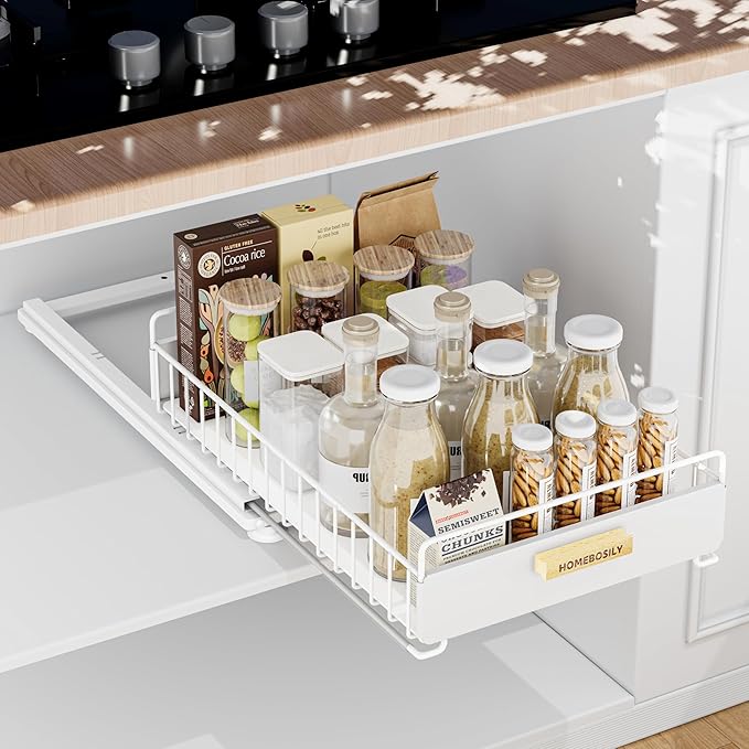 Under Sink Organizer, Kitchen Pull Out Cabinet Organizer, Mute Slide Out Metal Under Sink Organizers and Storage Shelves for Kitchen Bathroom Laundry Cabinet Pantry, White