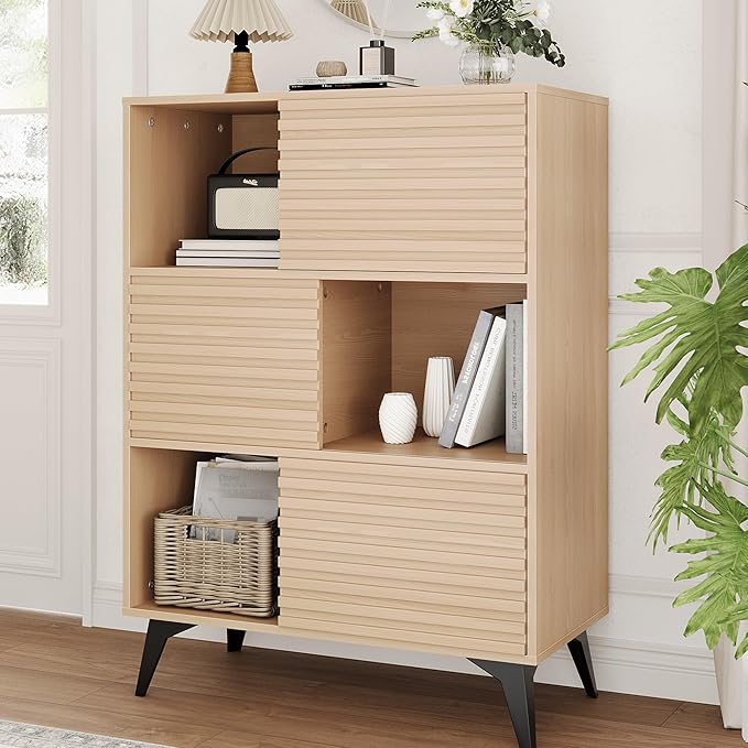 IDEALHOUSE Fluted Cabinet with Sliding Doors, Modern Wooden Storage Cabinet with Metal Base, 31 Inch Sideboard Cabinet with Storage for Dining Room,Living Room, Entryway
