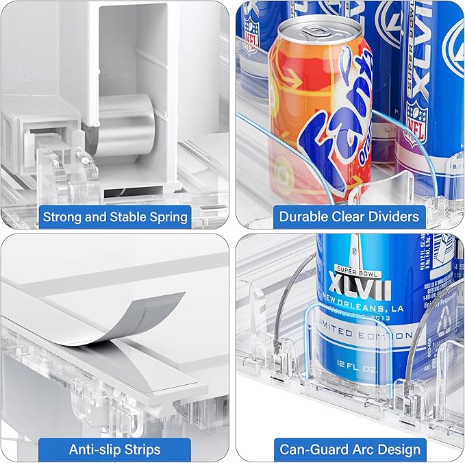 LAMU Drink Organizer for Fridge, Soda Can Organizer Dispenser for Refrigerator with Automatic Pusher Glide, Width Adjustable Clear Dividers, Can Holder for 6-20oz Beverage, 15''D x10''W, 3 Rows