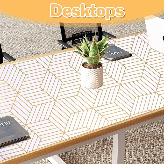 Shelf Liners for Kitchen Cabinets Non Adhesive Shelf Liner Paper Non-Slip Thickened Drawer Liner Easy to Clean for Tool Box Refrigerator with Knife and Tape Measure, Gold Geometric, 17.3 x 236.2 in