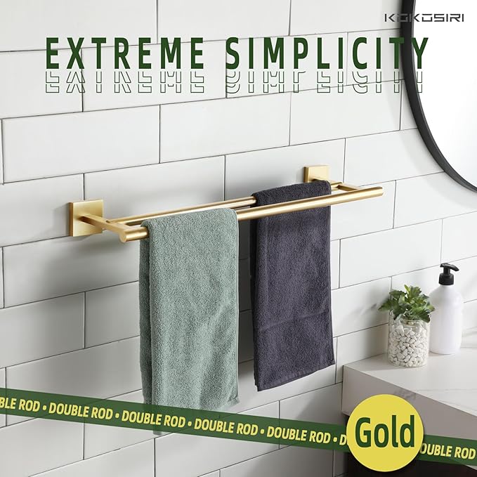 KOKOSIRI Towel Bar Bathroom Towel Holder Double Rails for Bath Kitchen Cabinet Towel Shelf 20 Inch Brushed Gold Stainless Steel B5005BG-L20