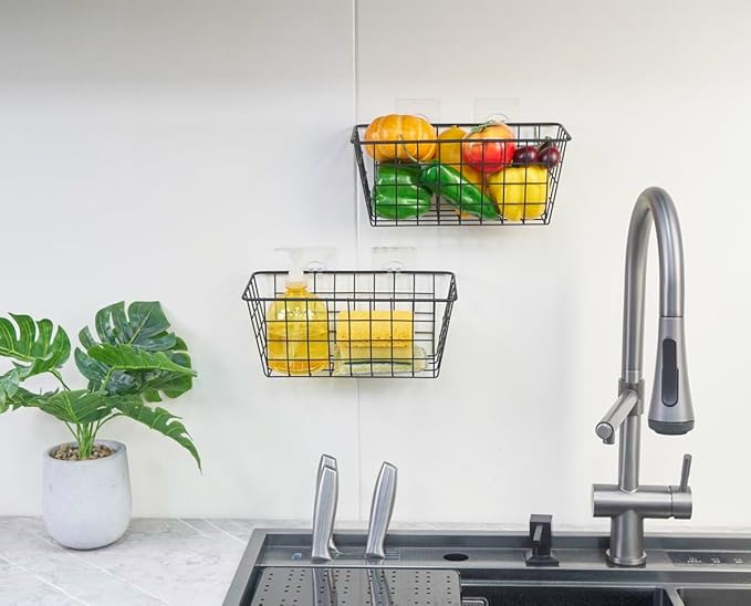 JUNCHU CHERRY 2 Pack Hanging Storage Basket, Bathroom Basket, Household Goods, with Traceless Tape, no Drilling, for Cabinet Storage, Kitchen, Bathroom, Storage Room,Black