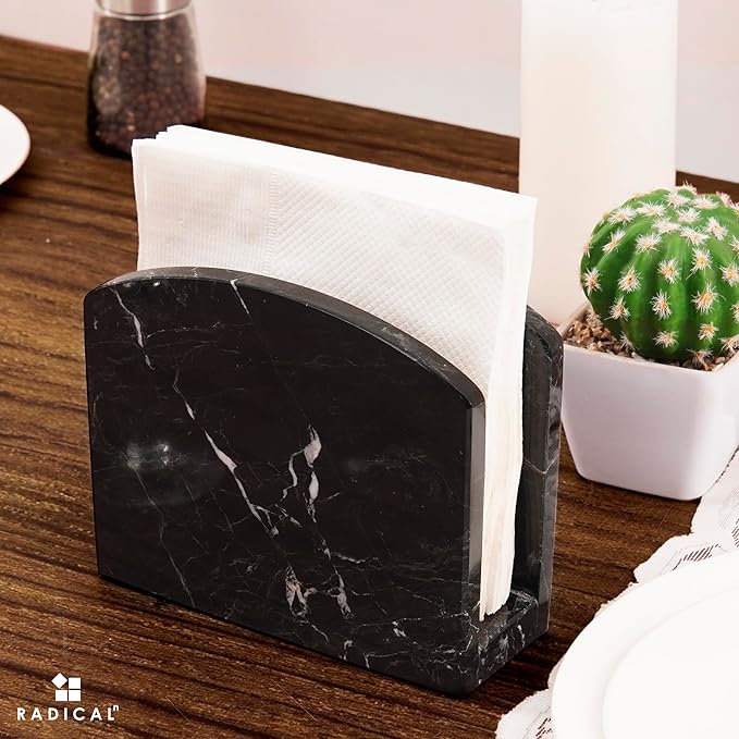 Radicaln Marble Napkin Holder 5.5" Inch Black Handmade Serviette Holder - Kitchen Table Top Decor, Napkins For Coffee Table, Cocktail Napkin Holder