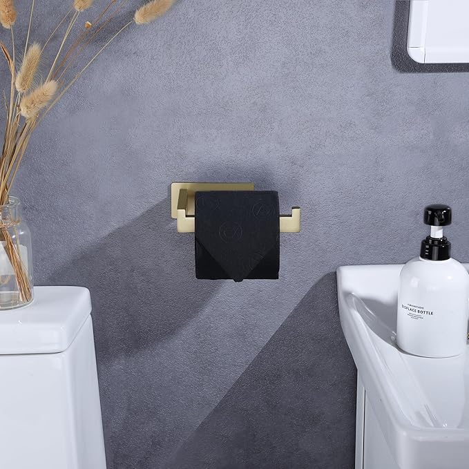 LANC Gold Toilet Paper Holder, Self-Adhesive Toilet Roll Holder Wall Mounted for Bathroom RV, Stick On Tissue Roll Holder with No Drilling Rustproof Stainless Steel,Brushed Gold, A8307BG