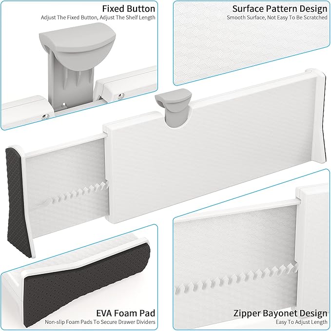 Drawer Dividers Organizer, Adjustable Separators 4" High Expandable from 11-17" for Bedroom, Bathroom, Closet, Clothing, Office, Kitchen (White, 4 PACK)