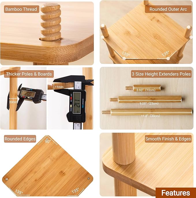 Expandable Bamboo Corner Shelf - Dish/Plate Organizer for Cabinet, Kitchen Counter Shelf & Small Kitchen Shelf, Adjustable (1, 3Tier-11.4" H)