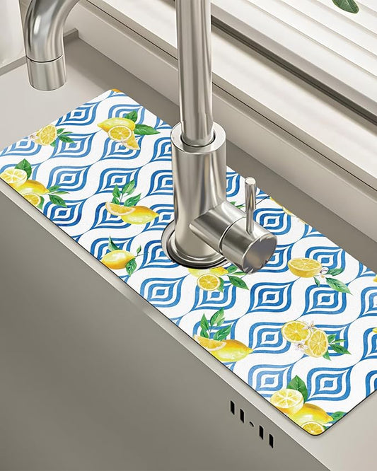 Patterned Sink Faucet Mat Kitchen Splash Guard Super Absorbent Drying Mat, Non-Slip Drain Pad for Kitchen Counter or Bathroom-15x5.5in