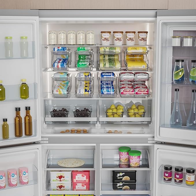 Stackable Clear Soda Can Beverage Pop Can Holder Dispenser 13.77”D X 9. 37”W X 6.41”H Expandable Refrigerator Organizer Holds 10 Cans For Pantry, Kitchen Storage