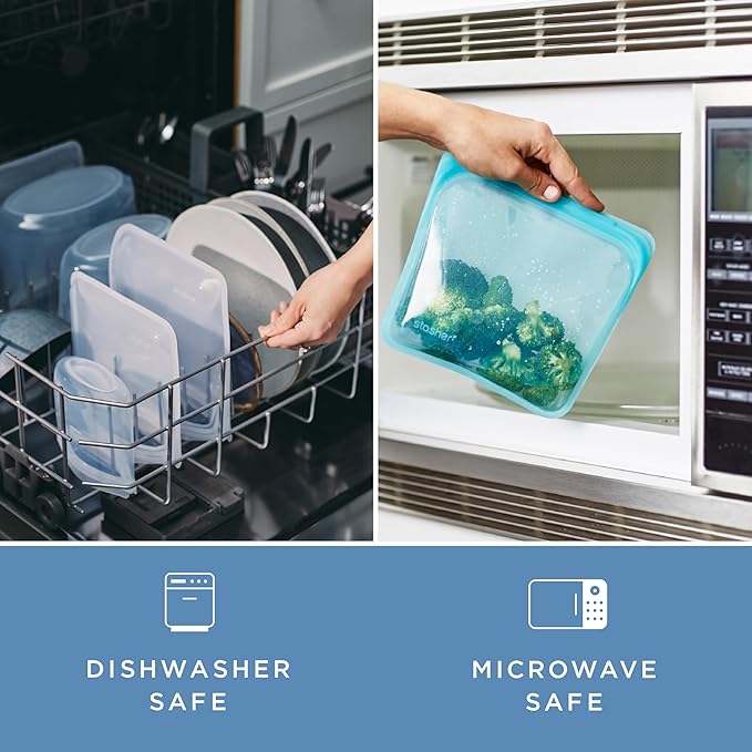 Stasher Silicone Reusable Storage Bag, 4-Pack, Reusable Freezer Bags, Microwave, Dishwasher, Oven Safe, Sous Vide, Premium Lunch Containers, Eco Friendly, Food Storage Bags, Snack Bags, Aqua