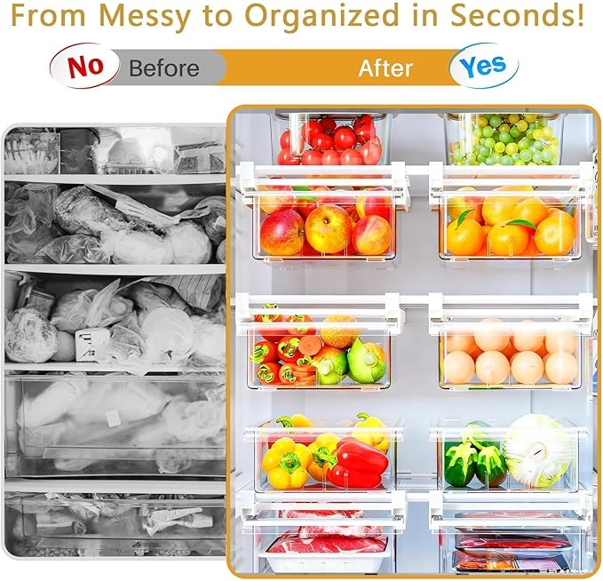 Refrigerator Drawer Organizers, Fridge Drawer Organizer, Pull Out with Handle, Clear Container for Food Drinks, Fit for Refrigerator Shelf Under 0.6 Inch, Easy to Install（2-Pack）