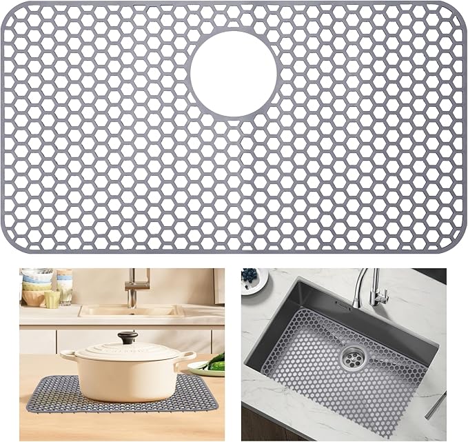 Myirxcv Silicone Sink Mat 25.78"x 14" Heat Resistant Sink Protectors for Kitchen Sink Bottom, Non-Slip Faucet Mat for Stainless Steel（Rear Drain）