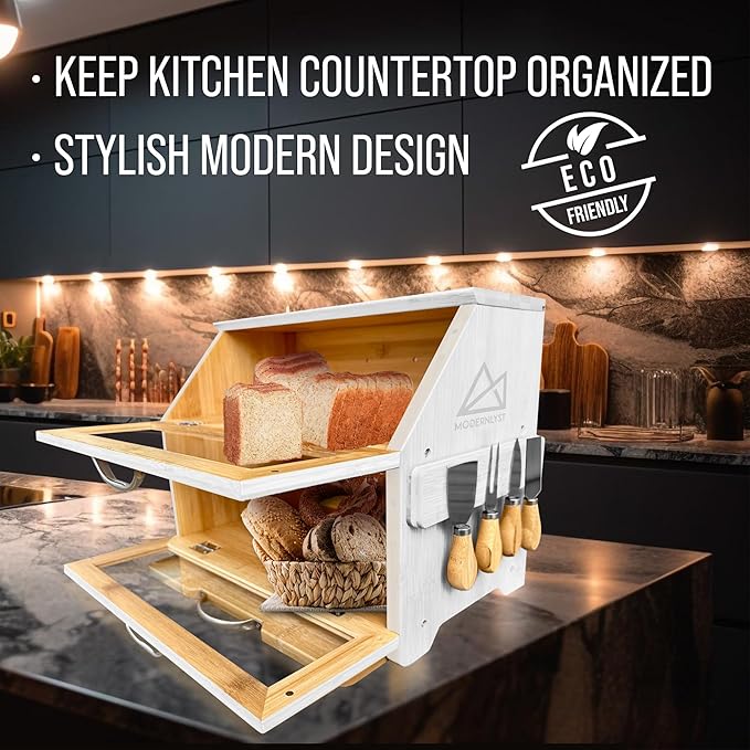 Extra Large White Bread Box with Cutting Board & Knife Set | 7 Piece Set | Bread Boxes for Kitchen Countertop | Bread Storage Container | Bamboo Breadbox | Assembly Required