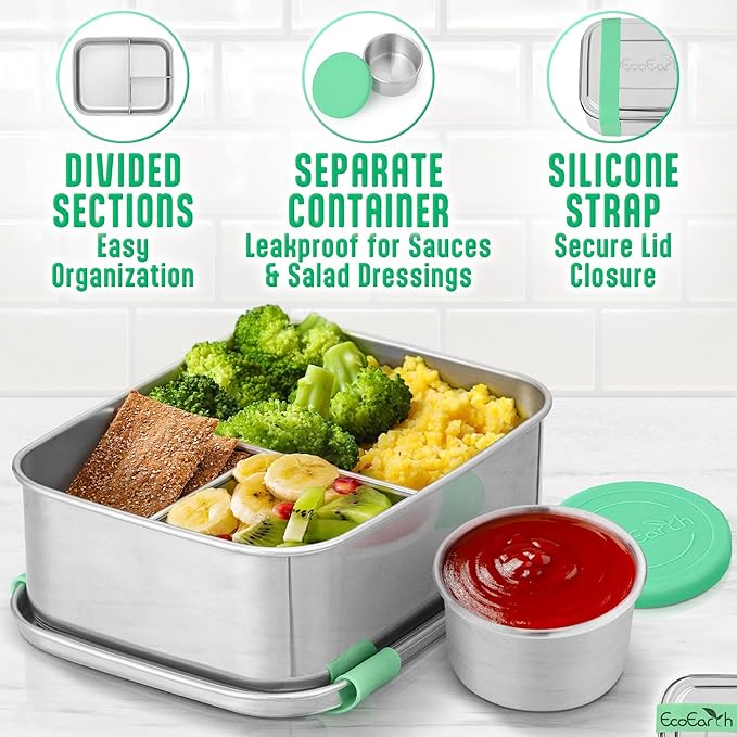 EcoEarth Stainless Steel Bento Box - 27 oz - Leakproof Metal Lunch Boxes for Adults with 3 Compartments - Small Tin Food Containers with Condiment Cups - Snack Box for Work - Green