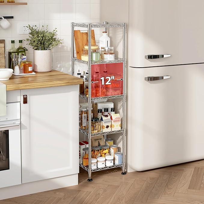 Set of 2 Metal Shelving-5 Tier Storage Shelves:AdjustableShelving and Units Standing Shelving Storage Rack Narrow Shelf for Kitchen Pantry Closet Office 12''Wx12''Dx49''H Chrome