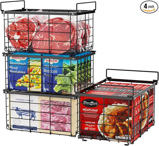 iSPECLE Chest Freezer Organizer - for 5 to 7 Cu.Ft Chest Freezer, 4 Pack Easy Access Stackable Freezer Organizer with Handles, Heavy Duty for Meat and Frozen Food, Assembly Required, Black