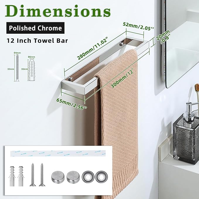Alise Bath Towel Bar,Wall Mount Towel Holder Towel Rack Towel Hanger for Bathroom Lavatory,12 Inch SUS304 Stainless Steel Towel Rail,Polished Chrome