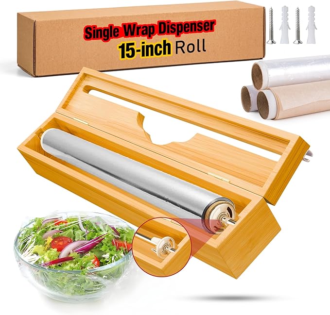 15” Bamboo Plastic Wrap Dispenser with Cutter – Aluminum Foil Dispenser with Cutter for Kitchen – Kitchen Wrap Dispenser for Plastic Wrap, Parchment Paper Roll, Fits Rolls Up to 15 Inches