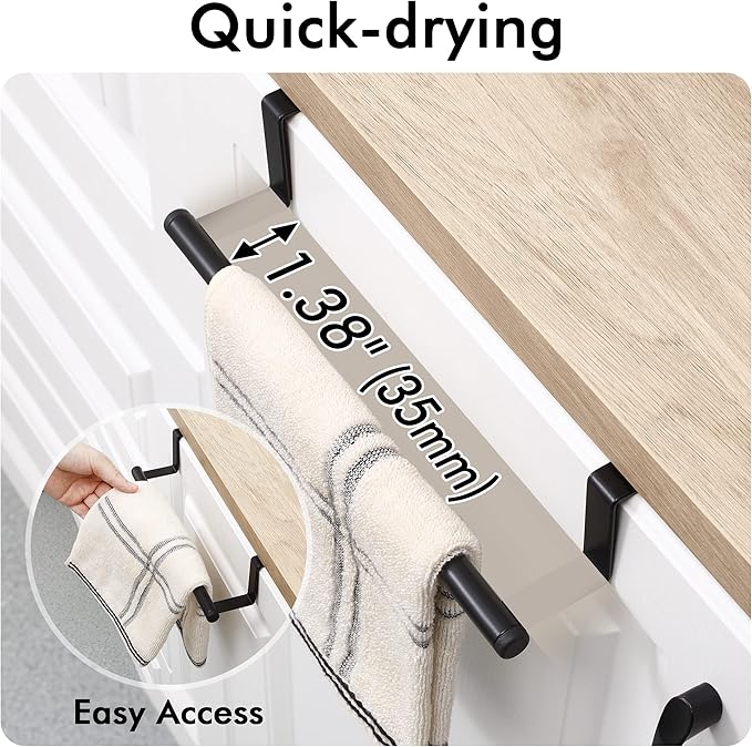 KES Over the Cabinet Door Towel Bar with Hooks, Kitchen Towel Holder with Hooks for Hanging Utensils, Over the Cabinet Door Organizer with Hook 2 Pack, Matte Black, KUR527-BK-P2