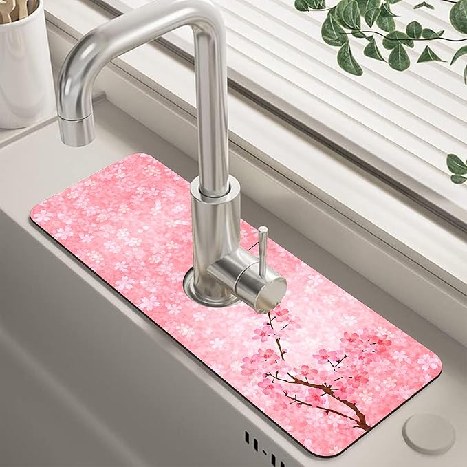 Spring Cherry Blossom Kitchen Sink Splash Guard Absorbent Fast Drying Mat Faucet Draining Guard Behind Faucet Drip Catcher for Kitchen Bathroom 5.5"15"