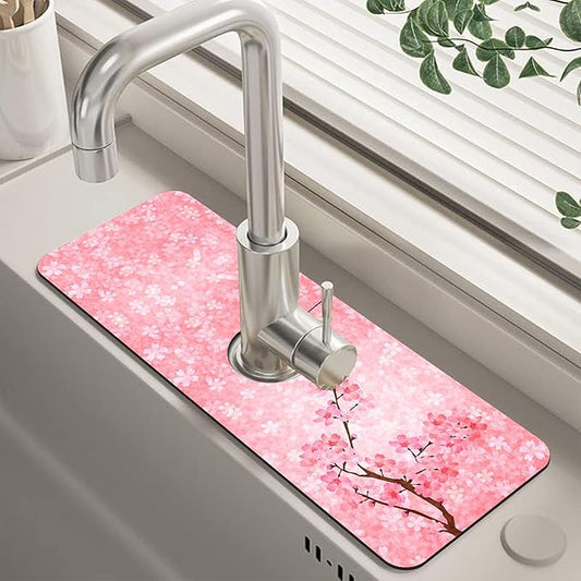 Spring Cherry Blossom Kitchen Sink Splash Guard Absorbent Fast Drying Mat Faucet Draining Guard Behind Faucet Drip Catcher for Kitchen Bathroom 5.5"15"
