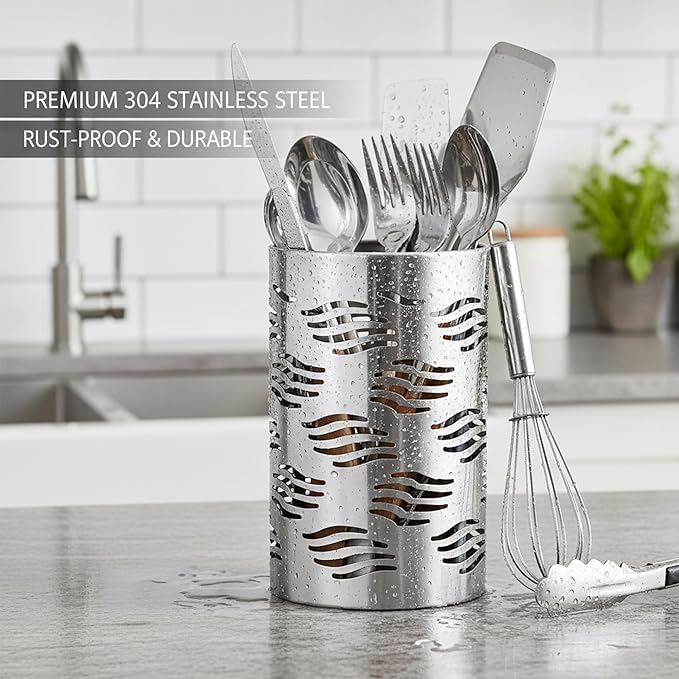 Stainless Steel Utensil Holder - Utensil Caddy, Weighted Base for Stability - Utensil Crock and Countertop Utensil Organizer, Stainless Steel Caddy
