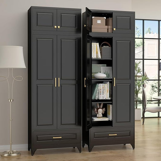 90" Kitchen Pantry Cabinet with Drawer, Metal Storage Cabinets with Doors and 4 Adjustable Shelves,Black Kitchen Cabinet with 2 Gold Handles,Food Cupboard for Livingroom,Pantry