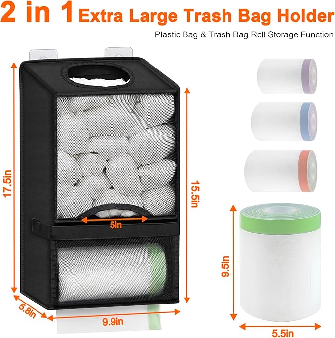 Plastic Bag Holders for Grocery Bags - Large Wall Mount Grocery Bag Holder with Dispenser for Kitchen, Oxford Cloth 2-in-1 Space-saving Plastic Bags Organizer, Black