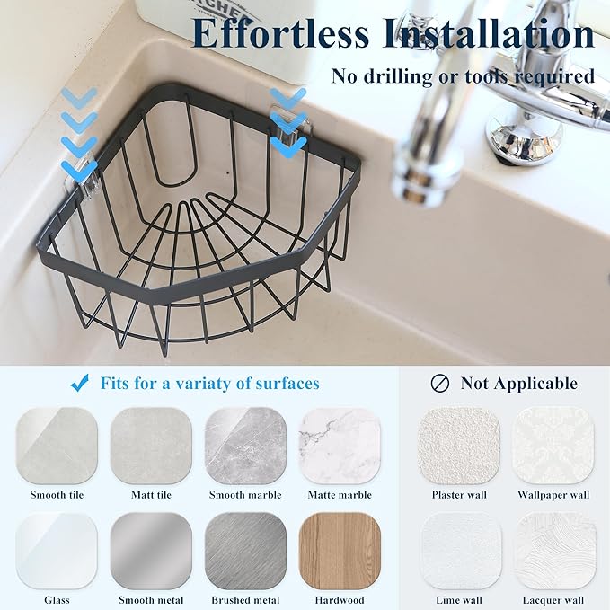 Sea Team Adhesive Corner Caddy, Sink Organizer, Soap, Drain Plug, Sponge Holder, Multifunctional Rustproof Carbon Steel Storage Basket, Wall Mounted Shelf Rack for Kitchen, Bathroom, Charcoal