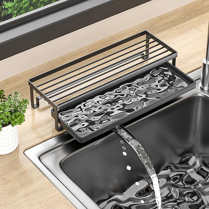 Sink Caddy Organizer, Stainless Steel Kitchen Sponge Holder, Silver, Auto-Drain Design, Countertop Storage Shelf, 9.6x3.3x2.1 Inches