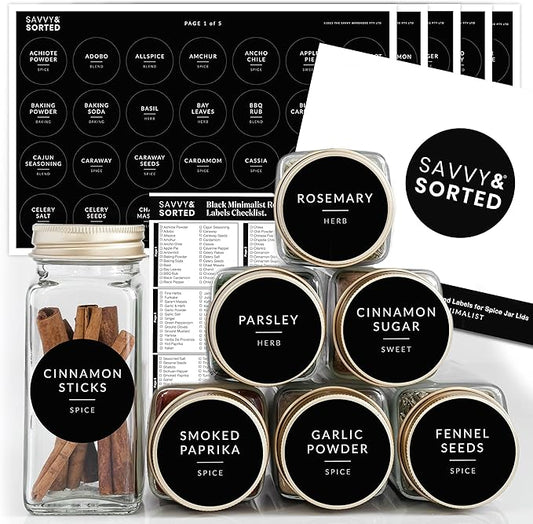 SAVVY & SORTED Spice Labels, 140 Round Waterproof Kitchen Labels for Spice Jars, Spice Organization, Herb Seasoning Pantry Labels, Spice Rack