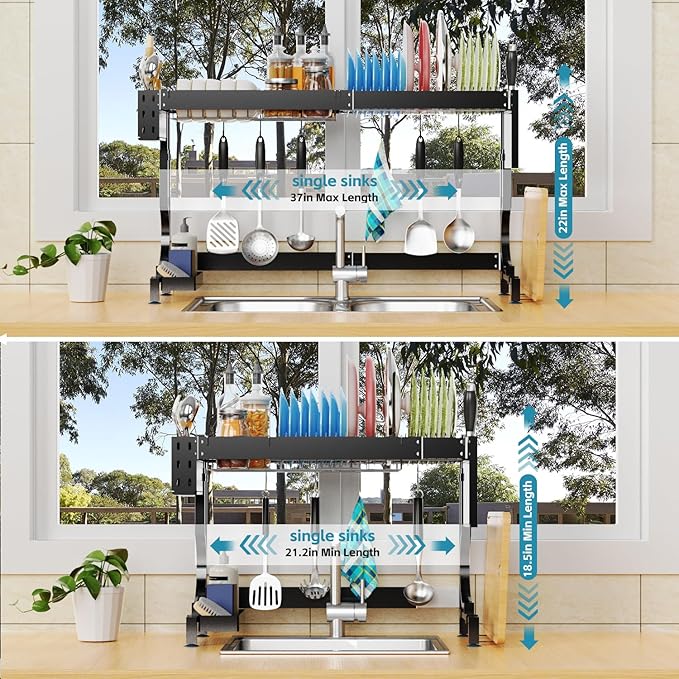 MINGLING Over Sink Dish Drying Rack Kitchen Dish Rack Over Sink Height & Width Adjustable Large Over Sink Dish Drainer Rack Full Stainless Steel (W21.2-37" ~ H18.5-22" Black)