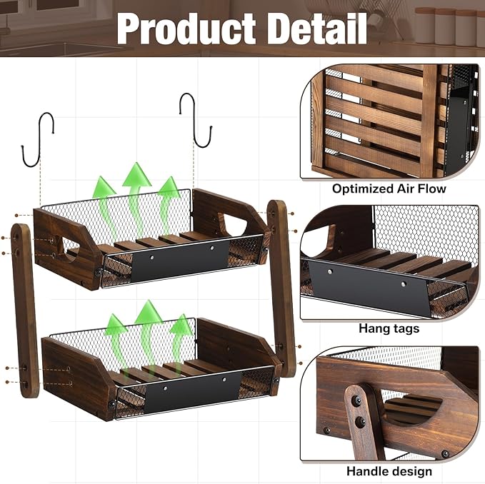 2 Tier Fruit Basket for Kitchen Counter Organizer with Banana Hangers Wooden Fruit Basket Kitchen Counter Storage Holder for Onion Potato Bread Vegetable Organize(11.8 x 9.1 x 10.6 Inches)