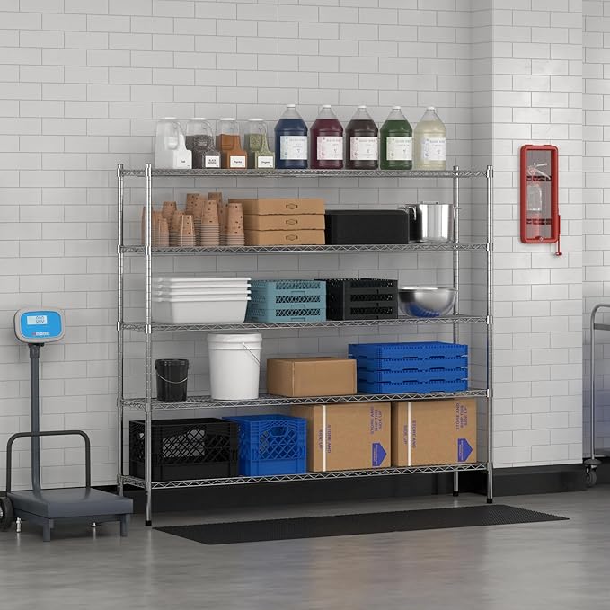 Commercial NSF Listed Chrome Stationary Wire Shelving Kit 14" x 72" x 64", with 5 Shelves Perfect for Warehouse, Walk-in Refrigerator, Freezer, Grocery Store, Restaurant, Dishroom