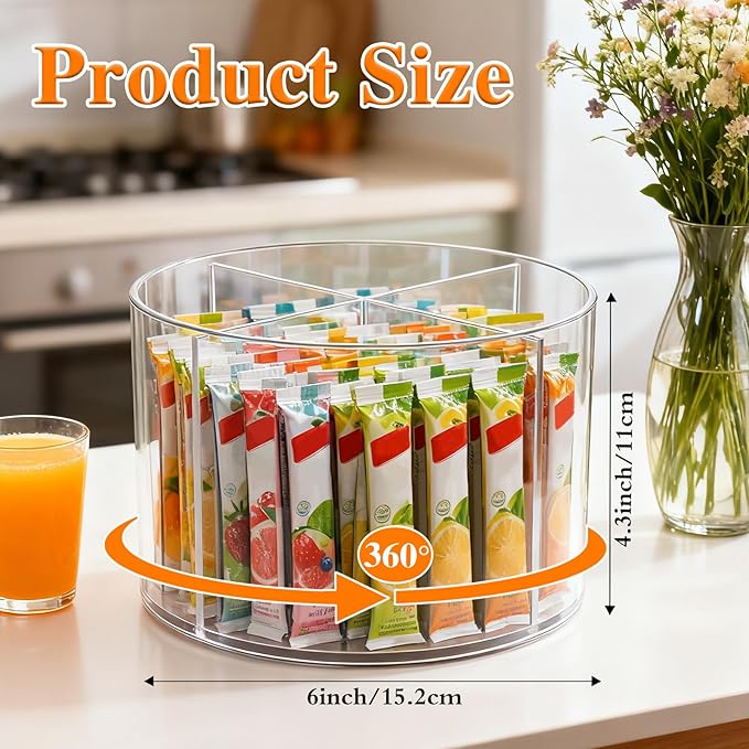 Drink Packet Organizer with 4 Dividers, 360° Rotating Clear Acrylic Lazy Susan for Powdered Drink Mixes, Coffee Pods & Kitchen Pantry Organization