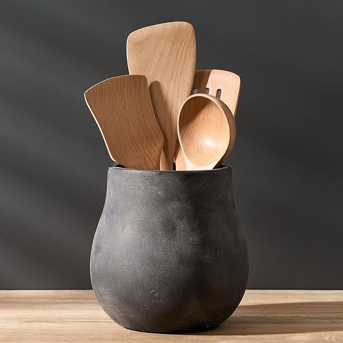 JIEMEI HOME Kitchen Utensil Holder, 6.61" Ceramic Rustic Utensil Crock for Countertop, Farmhouse Cooking Tool Organizer, Spatula Holder For Kitchen Decor, Black Bronze