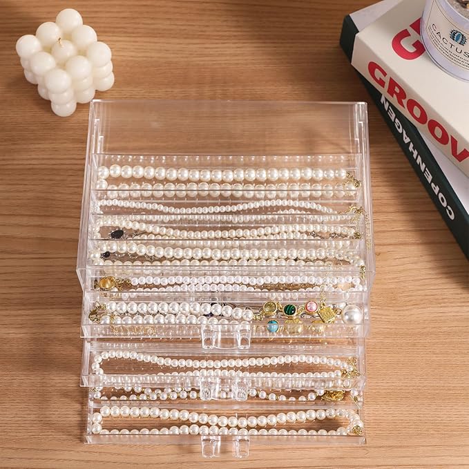 Necklace Organizer Box Tray with 3 Clear Drawers, Dustproof Necklaces Holder Storage Display Case, Necklace Tray Drawer for Pendant Suitable for Women and Girls (Transparent)