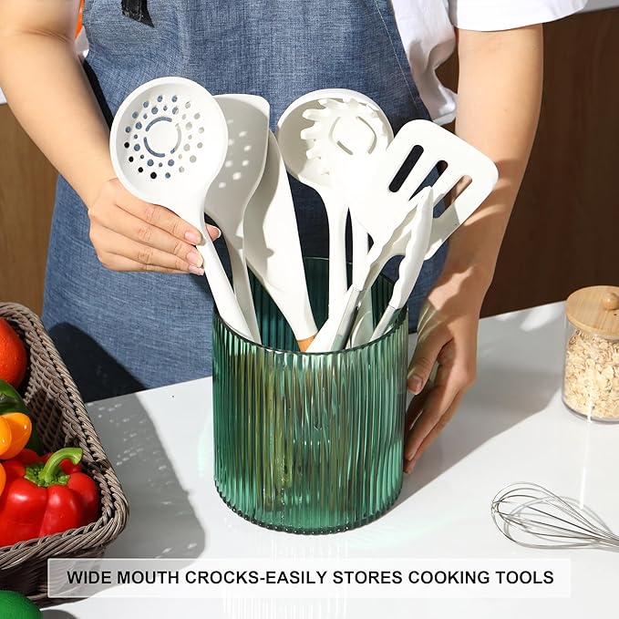 Green Utensil Holder, 6.3" Glass Kitchen Utensil Holder for Countertop, Large Cooking Utensil Holders for Kitchen Counter, Utensil Crocks for Farmhouse Decor