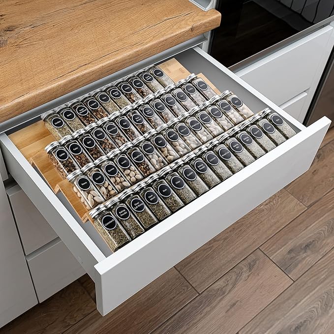 Bamboo Spice Rack Tray - Spice Drawer Organizer for Kitchen Cabinets Storage and Organization (Jars Not Included, 8 Individual Pieces, Not Expandable)
