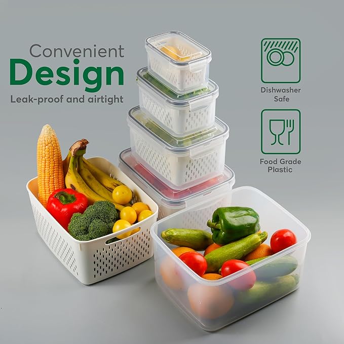 BreezyHome 5 Set Fruit Storage Containers for Fridge with Colanders Dishwasher Safe, Leakproof Fruit and Vegetable Storage BPA-Free Plastic, Produce Storage Keep Berry Fruit Veggie Meat Fresh