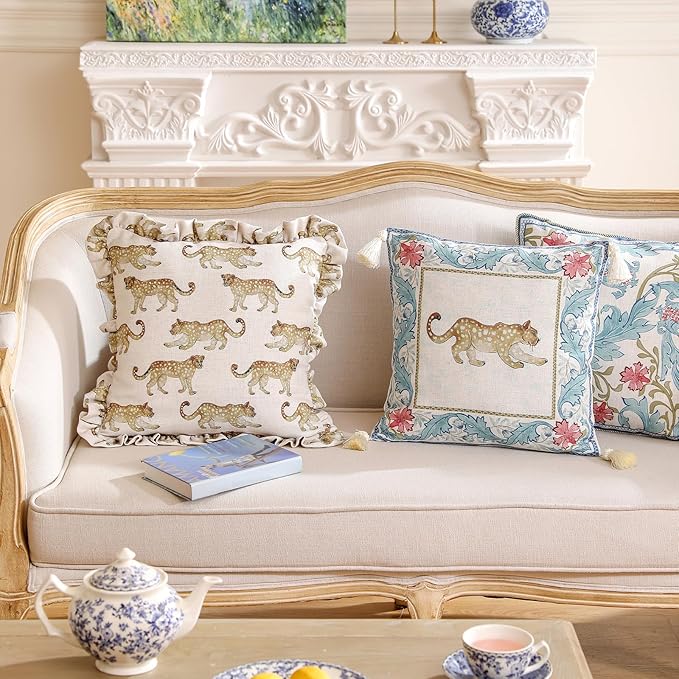 patdrea Designer Throw Pillow Covers for Couch 18"x18",Vintage Linen Pillows Cover with Cheetah Pattern and Luxury Ruffle,Farmhouse Decorative Pillowcases for Bed Living Room Outdoor Set of 1